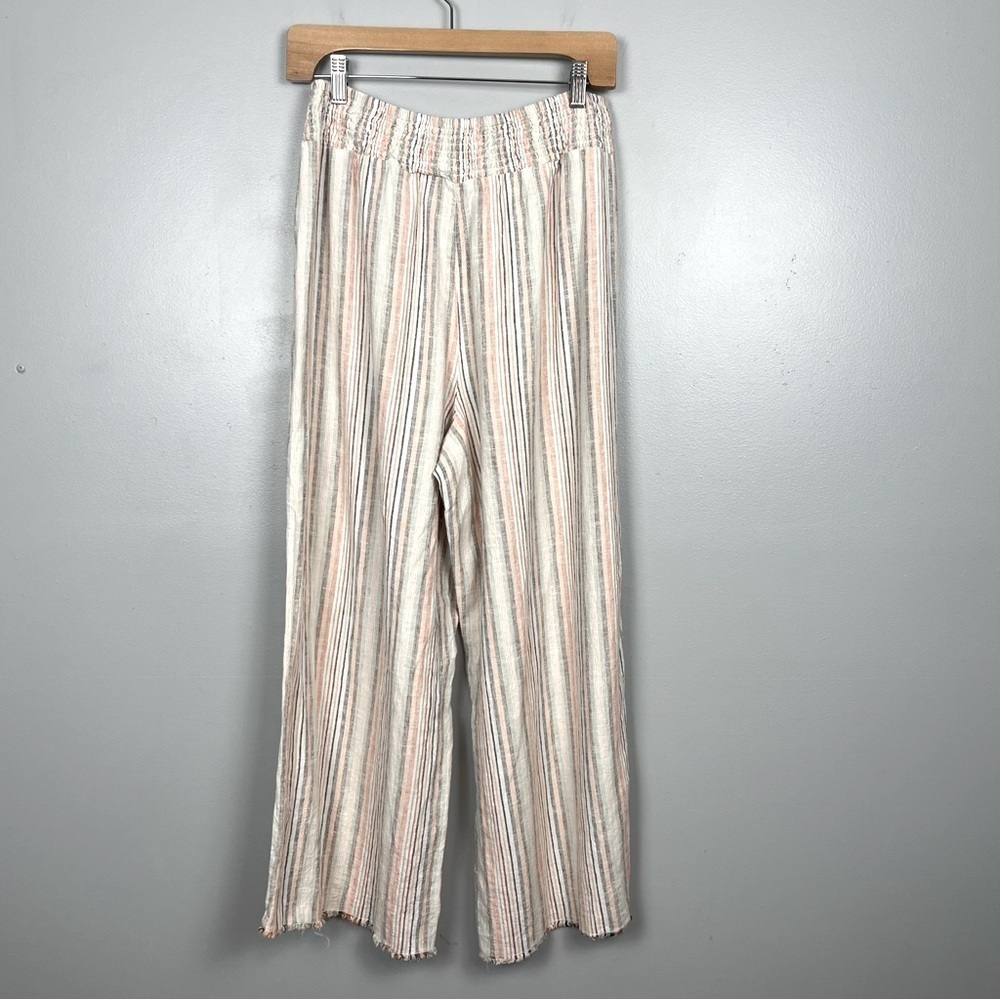 Cato linen blend ivory peach & green striped smocked waist wide leg pants, Med. - Picture 2 of 10
